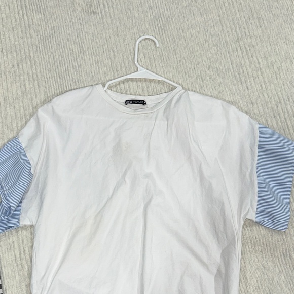 Zara Tops - Zara White Tee with Blue Striped Sleeves
